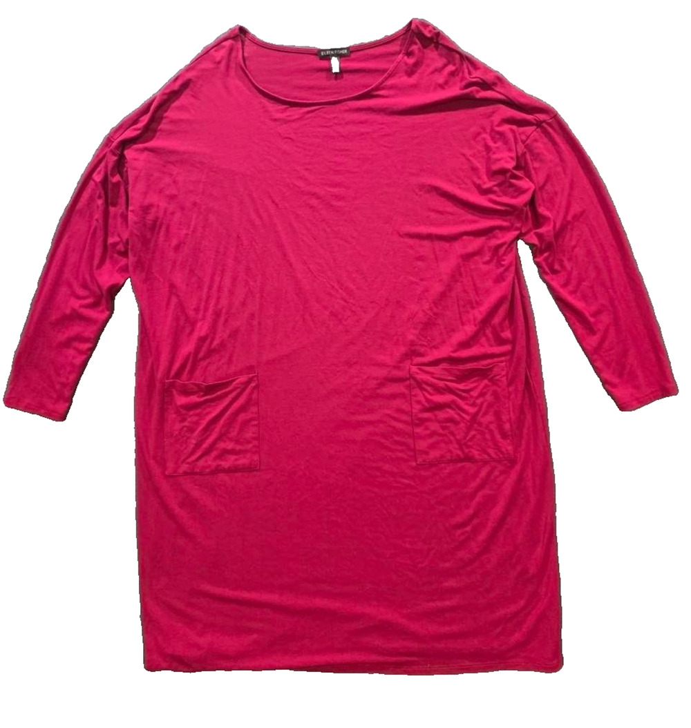 Eileen Fisher Long Sleeve Ballet Neck Jersey Dress Berry Red Stretch XL A011335